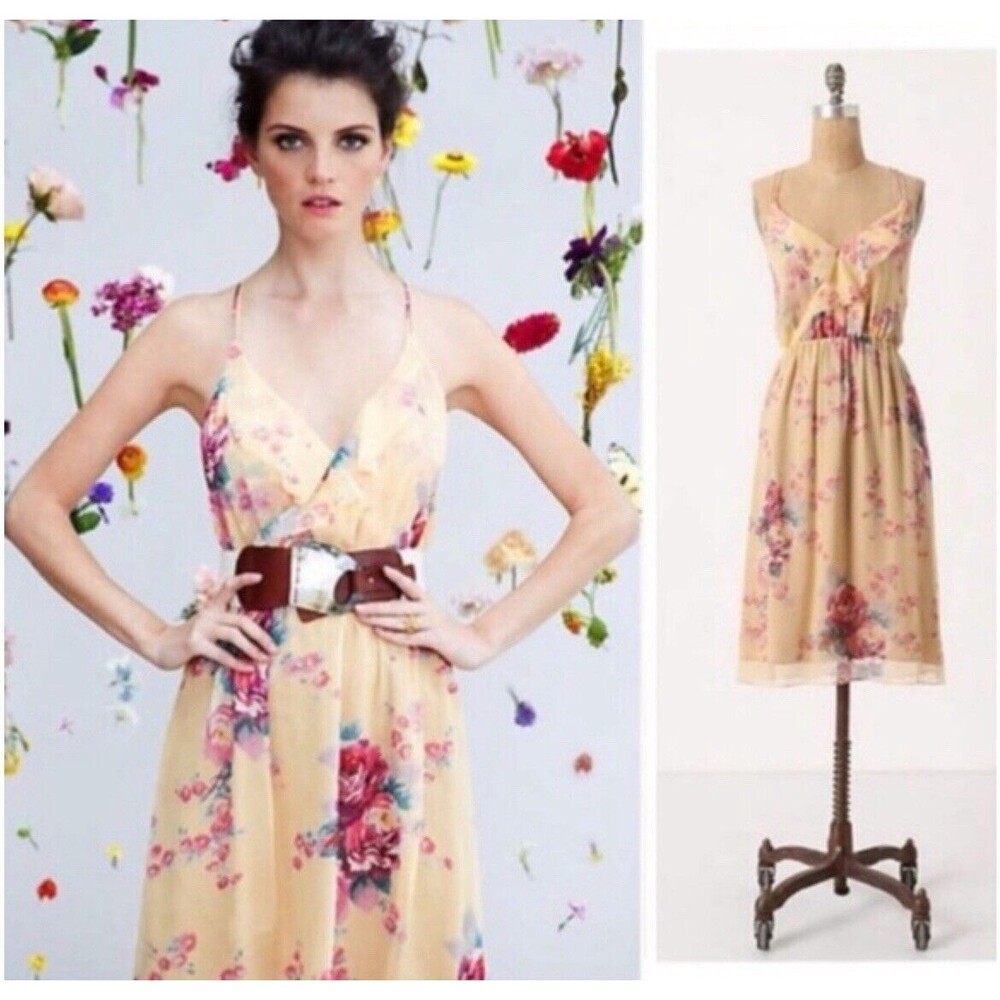 Anthropologie Meadow Rue V Neck  Floral 100%‎ Rose Floral  Silk Dress US Size 8